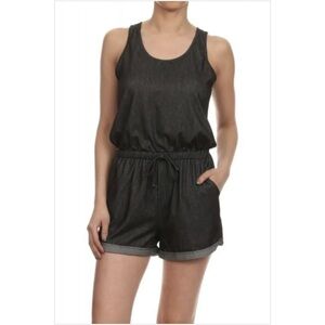 Black metallic stretch shorts romper